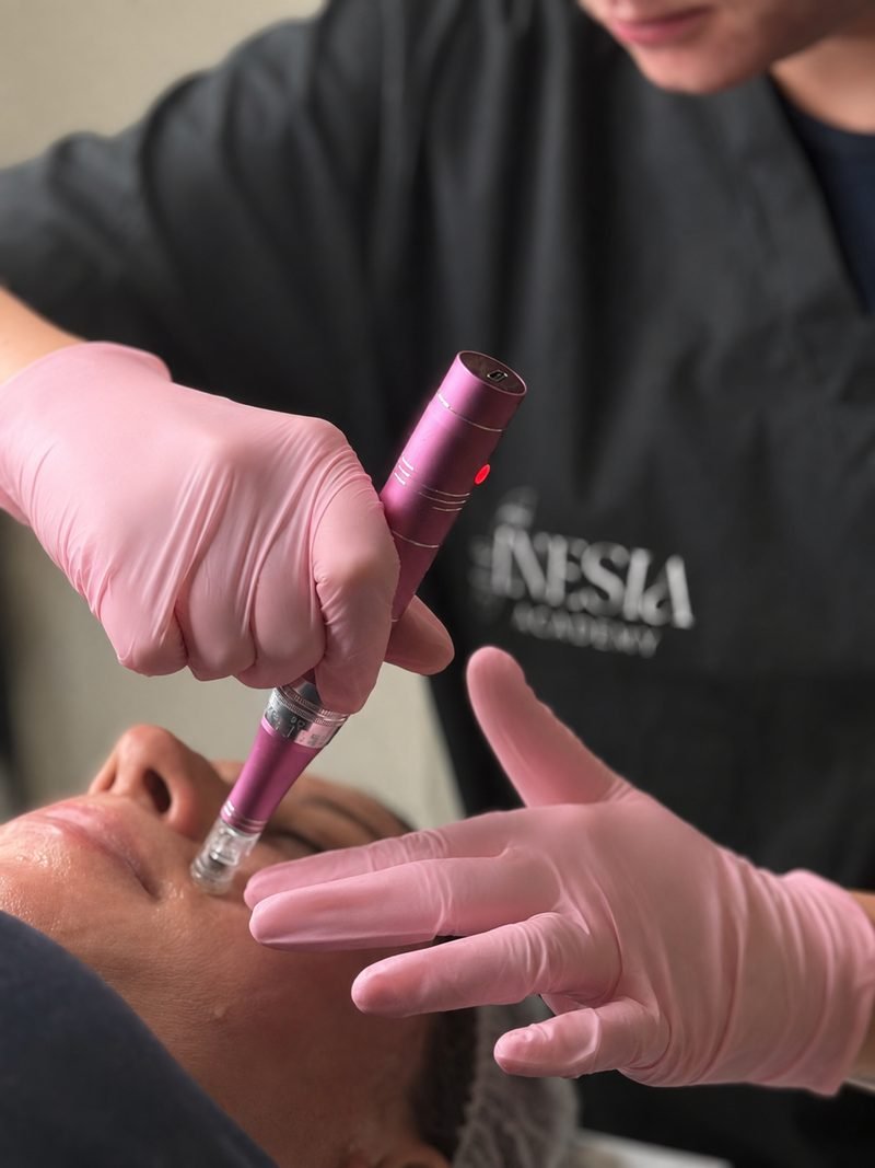 Skin Event nanoneedling INESIA Academy — soin réalisé au stylo sur le visage d'un modèle
